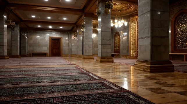 An interior view of a grand ornate Islamic sanctuary featuring detailed carpets marble columns and warm lighting