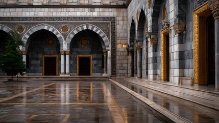 Fototapeta premium Reflective marble courtyard of an ancient Islamic building after rain