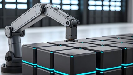 Robotic Arm Assembling Sleek Black Cubes Emblazoned With Glowing Labels, Showcasing Precision Engineering, Industrial Automation, And The Futuristic Aesthetics Of Modern Manufacturing