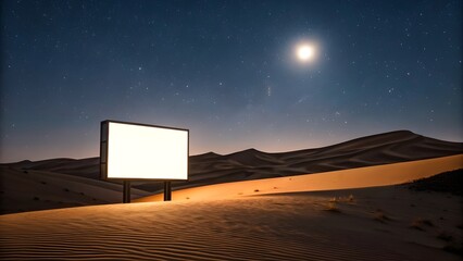 Desert Night Scene With A Single Glowing Billboard Standing Solitary Among Rolling Dunes, Blending Natural Stillness, Modern Advertising Symbolism, And The Haunting Beauty Of Isolation