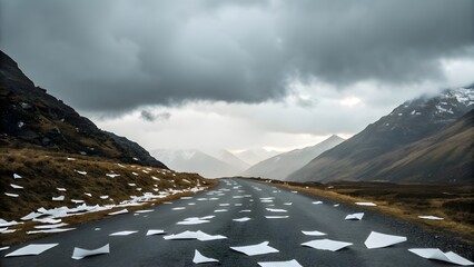 Wind‑Torn Paper Sale Posters Scattered Across A Mountain Pass Beneath A Cloudy Horizon, Evoking Themes Of Decay, Environmental Impact, And The Fleeting Nature Of Modern Consumer Messages