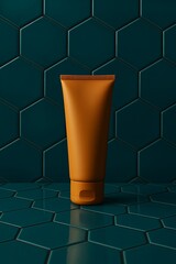 Amber matte cosmetic tube on glossy deep-teal hexagon tiles, modern geometric skincare mockup with bold contrast and premium product style.


