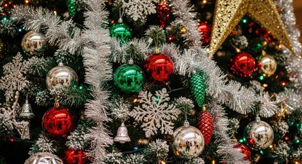 A festive Christmas tree adorned with red, green, and silver ornaments, snowflakes, and a golden star.