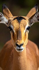 Close-up view of an impala's face, displaying its brown fur, large ears, and black markings