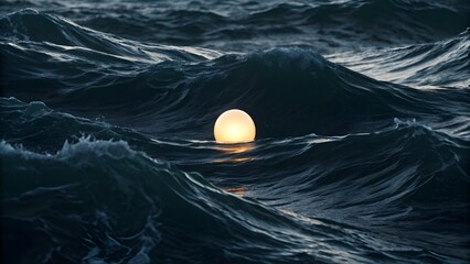 Turbulent Ocean Of Black Liquid With A Single Glowing Capsule Bobbing At The Center, Symbolizing Isolation, Environmental Tension, And The Fragile Balance Between Nature And Technology