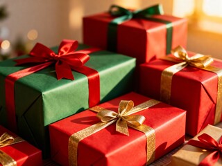 Obraz premium Stack of Festive Christmas Gifts with Warm Bokeh Lights