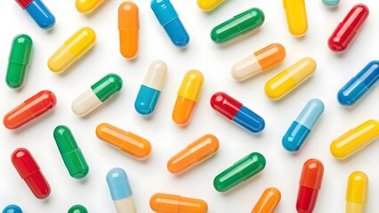 Floating Vitamin Capsules Photographed Against A Clean White Background, Forming An Abstract Pattern That Blends Nutrition Science, Modern Minimalism, And The Beauty Of Molecular Wellness