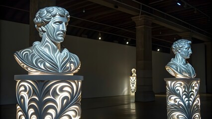 Projection‑Mapping Installation Covering Sculptures With Flowing Silver Promotional Text, Blending Digital Artistry, Cultural Expression, And The Fusion Of Technology With Modern Symbolism