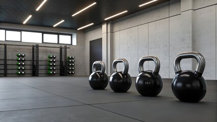 Minimal Gym Interior Featuring Sleek Chromed Black Kettlebells And Glowing Health Metrics Projected On The Wall, Fusing Fitness Design, Modern Technology, And Motivational Energy