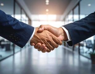 Close-up view of business handshake against blurred office corridor backdrop