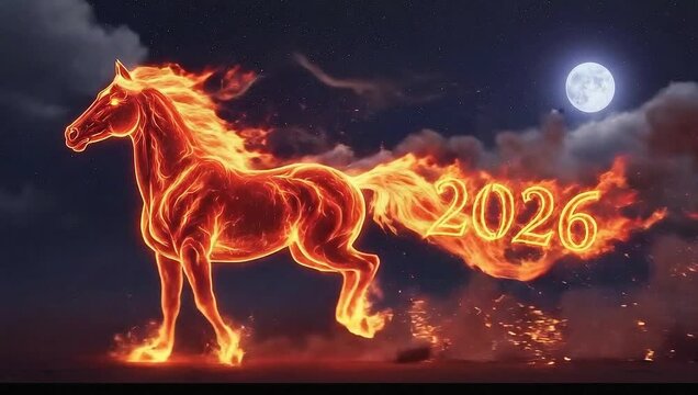 Fiery Horse Galloping with Year 2026 on a Starry Night, A Dynamic Symbol of the Future