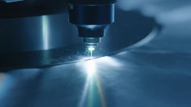 Precision laser cutting machine in action, creating intricate patterns with a focused beam on a metallic surface