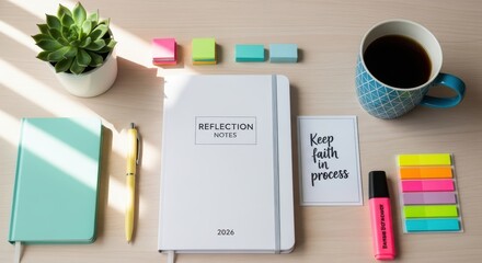 A white planner and inspirational note on a wooden desk