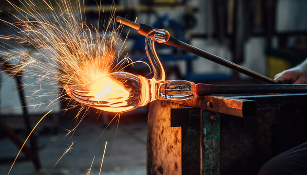 Glassblower Shaping Molten Glass with Sparks Flying in Workshop