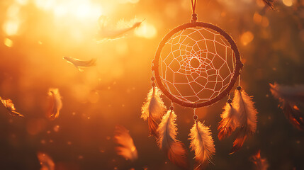Dreamcatcher with feathers floating in golden sunlight, evoking peace and serenity