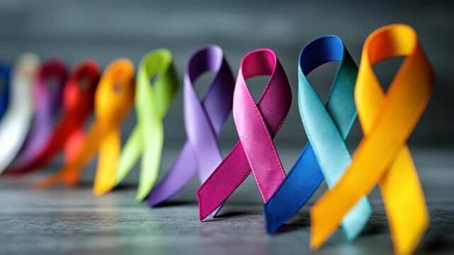 Colorful awareness ribbons arranged in a line highlighting various cancer awareness campaigns and their causes for community support
