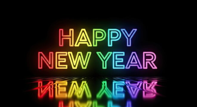 Happy New Year Rainbow Neon Reflection