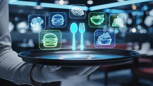Futuristic food service concept with waiter with tray.