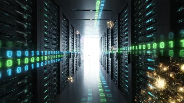 Illuminated digital stream of binary code flowing through a high-tech server room, representing data transfer and technological advancement