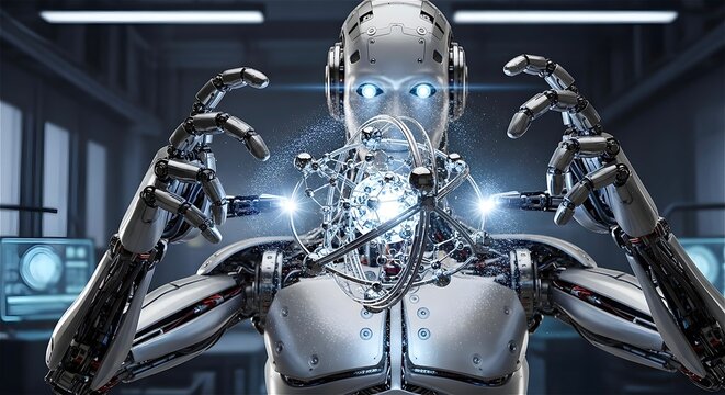 A highly advanced humanoid robot interacts with a glowing futuristic energy core, surrounded by metallic orbital structures and bright sparks of light. The robot&rsquo;s detailed mechanical design.