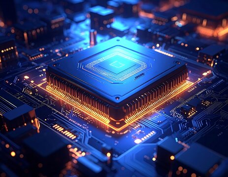 Close-up of a central processing unit (CPU) on a circuit board, with glowing blue and orange accents