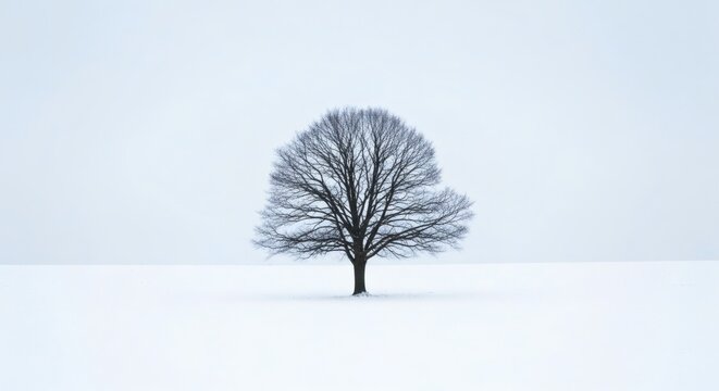 Solitary bare tree in a vast, empty snow covered field under a pale, overcast winter sky