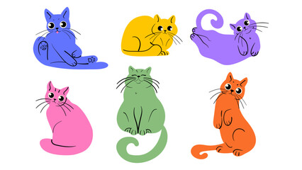 Cute cat doodle vector set. Adorable colorful cat in different poses. Hand drawn vector illustration.
