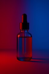 Cinematic glass serum bottle with dramatic red–blue split lighting, high-contrast mood, perfect for beauty, skincare, cosmetic product visuals.

