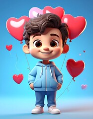 A cute cartoon boy with brown hair and big eyes, dressed in a light blue hoodie, holds heart-shaped balloons against a sky blue backdrop