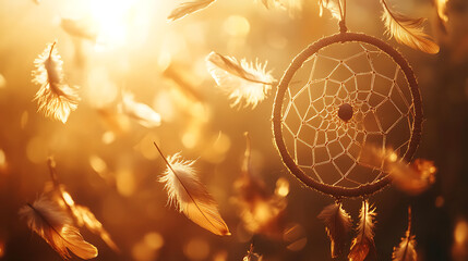 Dreamcatcher with feathers floating in warm golden sunlight, peaceful, tranquil scene