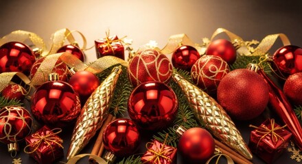 A festive arrangement of red christmas ornaments and gold ribbons, creating a warm and celebratory holiday atmosphere