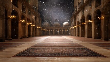 Grand mosque interior with ornate carpets and domes illuminated by falling snow under a night sky