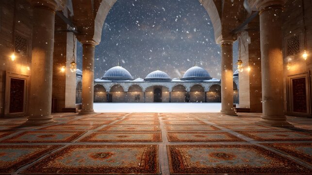 A serene mosque courtyard with snow falling at twilight featuring ornate carpets and illuminated architecture