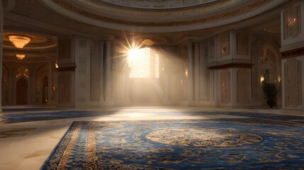 A majestic opulent hall with ornate architectural details illuminated by dramatic sunbeams filtering through