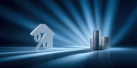 House shaped percentage symbol and stacked coin towers conveying mortgage rate impact