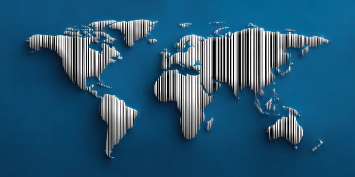 Striped barcode world map on blue background evoking global commerce and connectivity