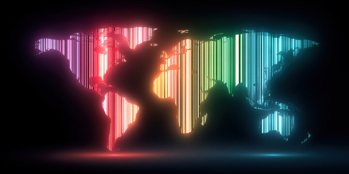 Colorful barcode world map silhouette glowing on black background with vibrant gradient light