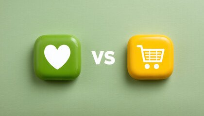 Green heart icon versus yellow shopping cart icon on pastel background showing choice and emotion