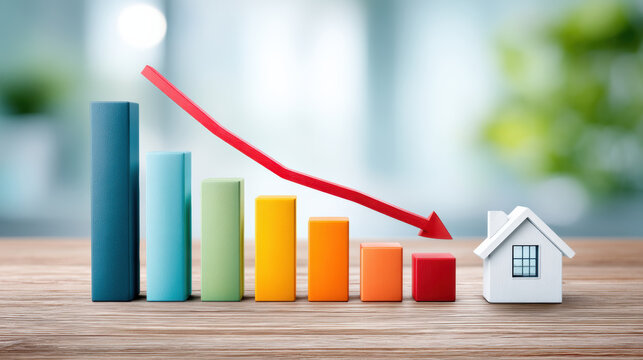 Colorful bar chart with downward red arrow toward small house showing falling market