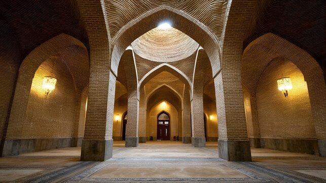 Majestic interior of a grand historical building with intricate brick architecture arches and a central dome