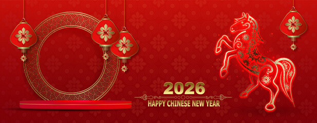 Happy Chinese New Year 2026. Red card with the zodiac sign of the Fire Horse.