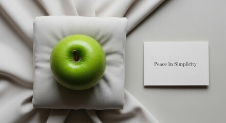 A green apple resting on a white pillow next to a card with text