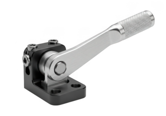 Industrial toggle clamp mechanism with metal lever isolated on transparent background