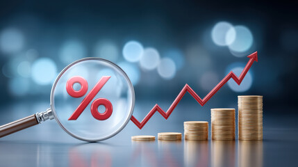 Red percentage sign under magnifier with rising arrow and stacked coins showing growth