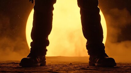 A solitary figure stands against a luminous sun, their boots grounded, creating a sense of epic adventure and powerful determination in a vast, arid landscape