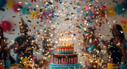 Celebratory cake with candles amid confetti and blurred figures