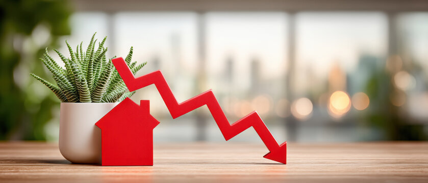 Red house with downward arrow trend and potted plant symbolizing falling property value