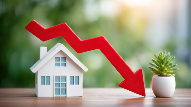 White house model with red downward arrow showing falling property value and concern