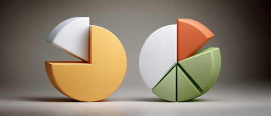 Orange and green 3D pie chart slices arranged on neutral background, modern business concept