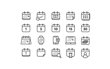 Calendar icon set in thin line design with editable stroke - minimalist vector collection